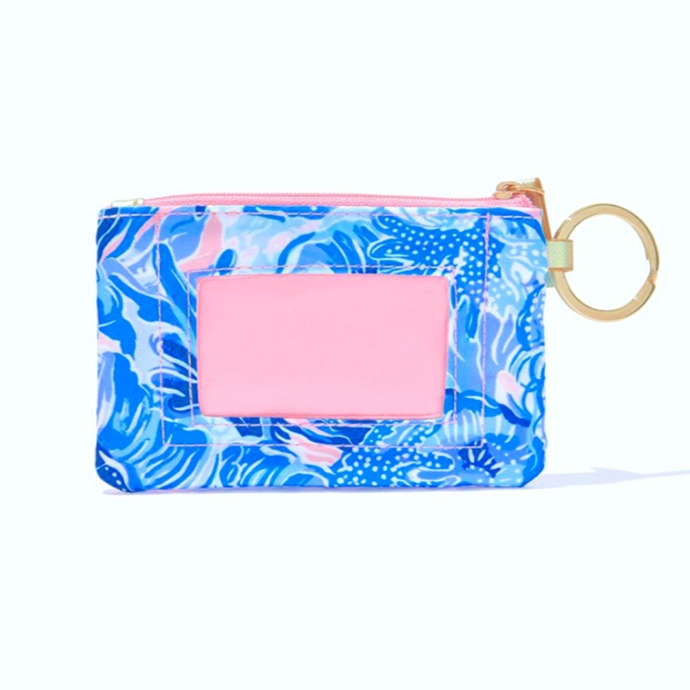 Lilly Pulitzer ID Case Shade Seekers Blue Pink Gold Keychain Wallet Card Case